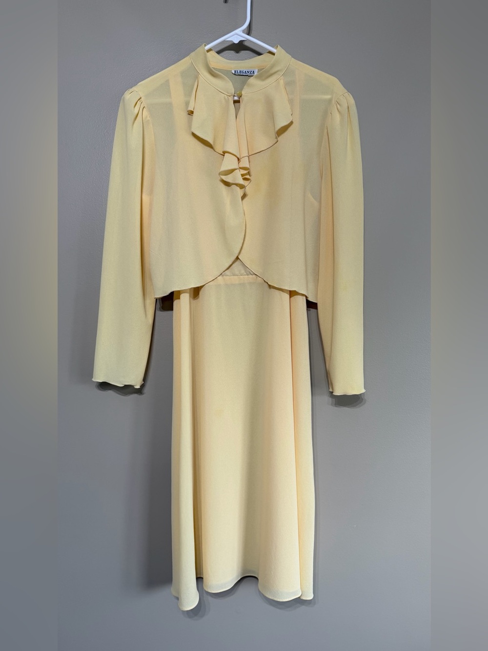 Vintage 70’s Eleganza Butter Yellow Dress & Crop Ruffle Jacket Chiffon Set